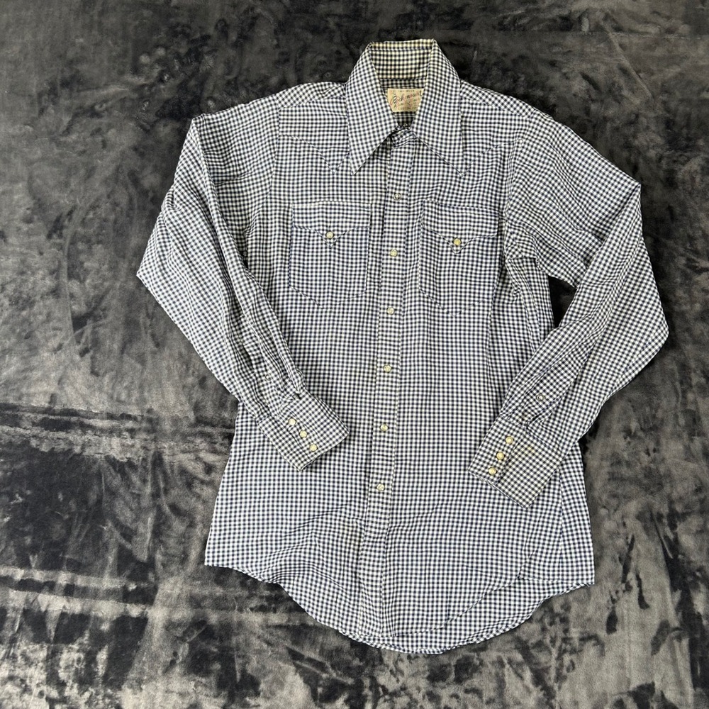 Rockmount Ranch‎ Wear Western Shirt Mens S Navy Blue Gingham Pearl Snap Vintage